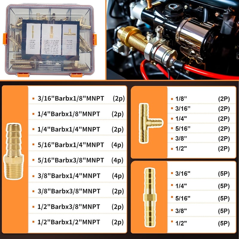 Rolfutool 69 pcs Brass Hose Barb Fittings Assortment Kits 1/8" 3/16" 1/4" 5/16" 3/8" 1/2" Barb Splicer & Ba - Image 3